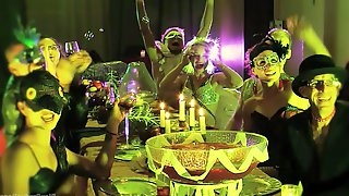 Brutal BDSM gangbang orgy in neon with a lot of crazy sluts