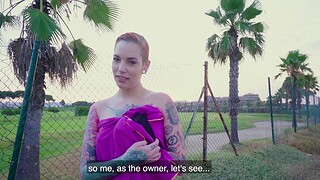 Tattooed slut Silvia Rubi drops her bikini to be fucked by a stranger
