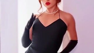 Solo darling wearing black dress enjoys while fingering her cunt